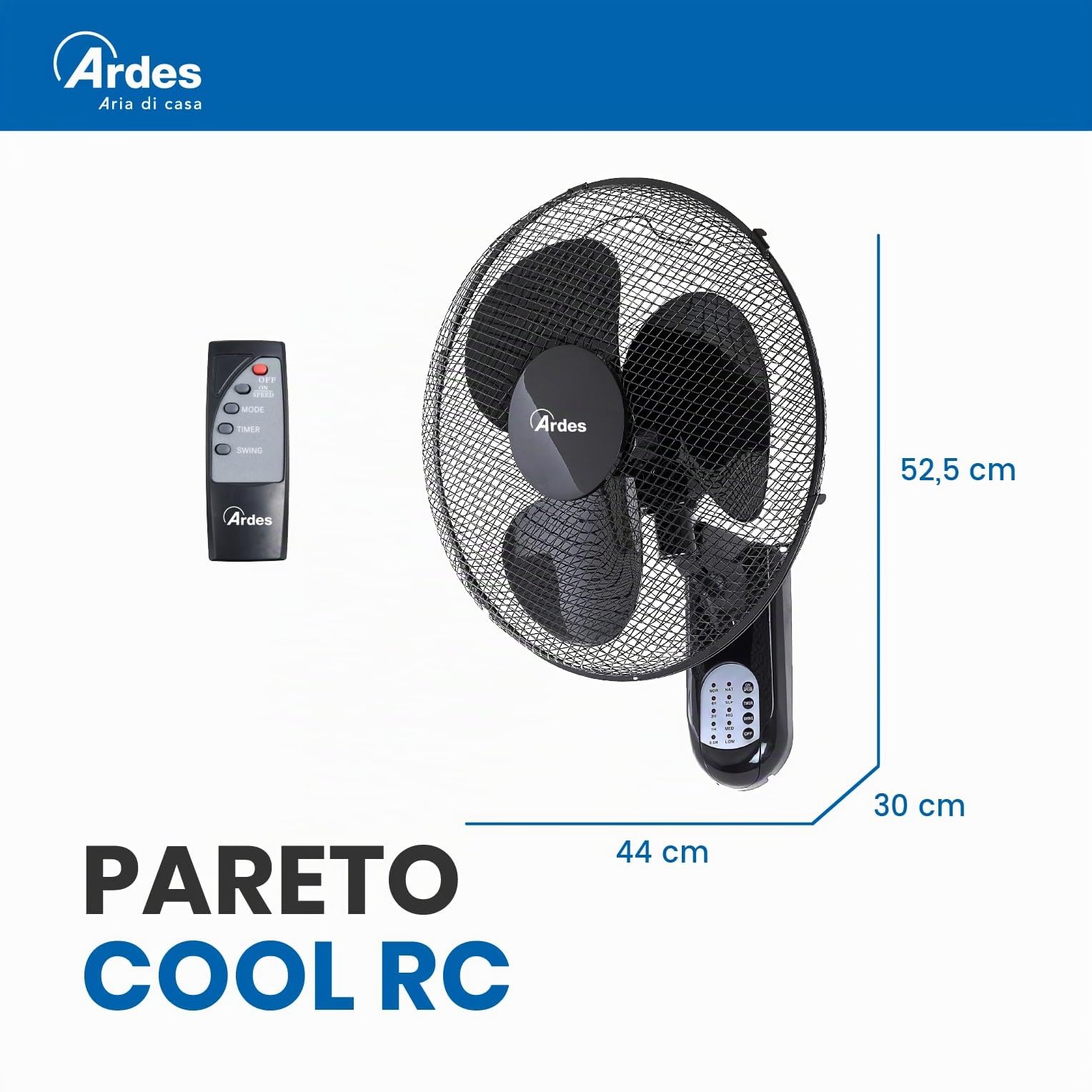 ARDES Wandventilator 40 cm Fernbedienung Oszillation Timer 3 Geschwindigkeitsstufen schwarz AR5W40R