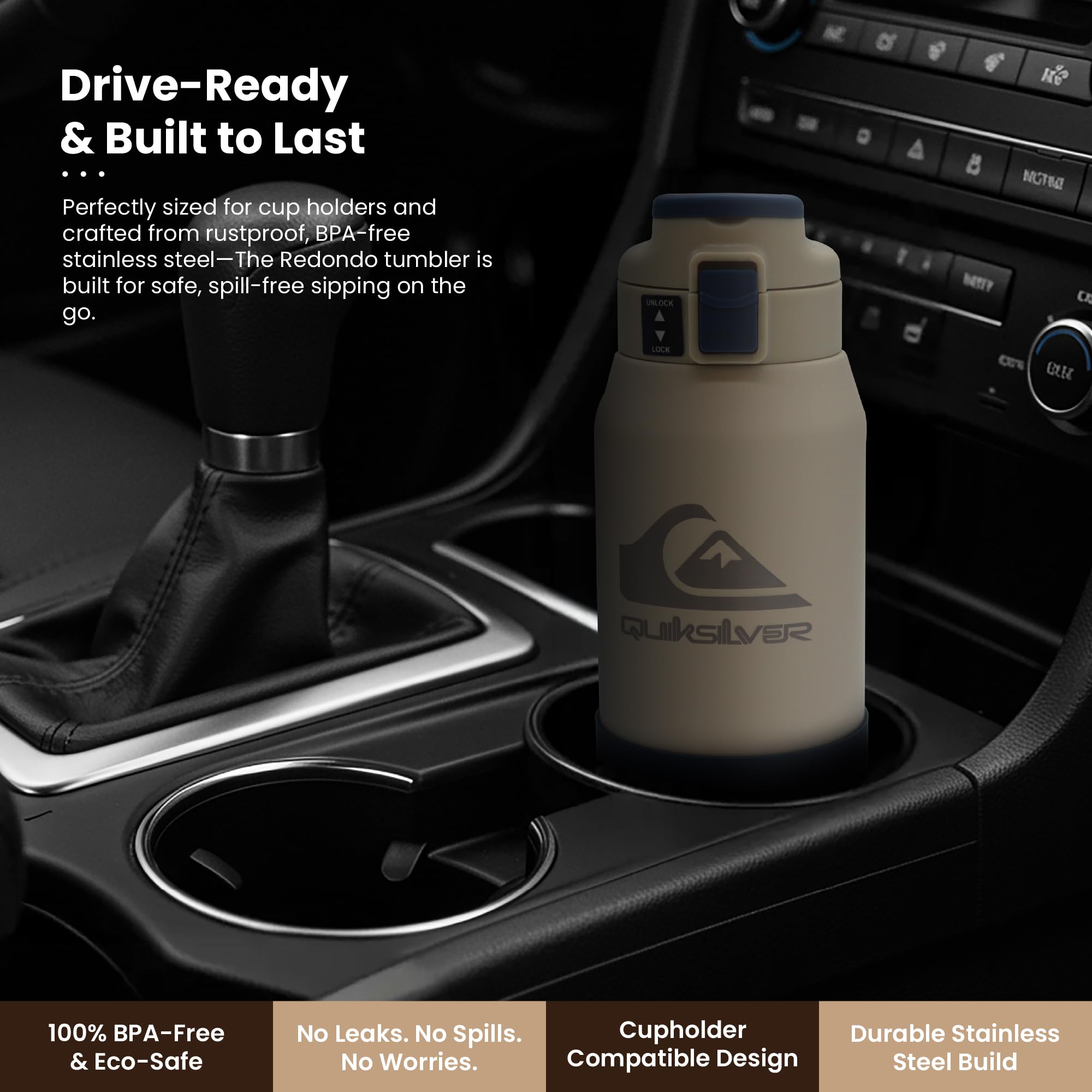 Quiksilver Redondo Vakuumisolierter Edelstahl-Reisebecher, wiederverwendbare Kaffeetasse oder Wasserflasche mit auslaufsicherem Deckel, rutschfester Gummiboden, isolierte Trinkgläser, Heiß- und