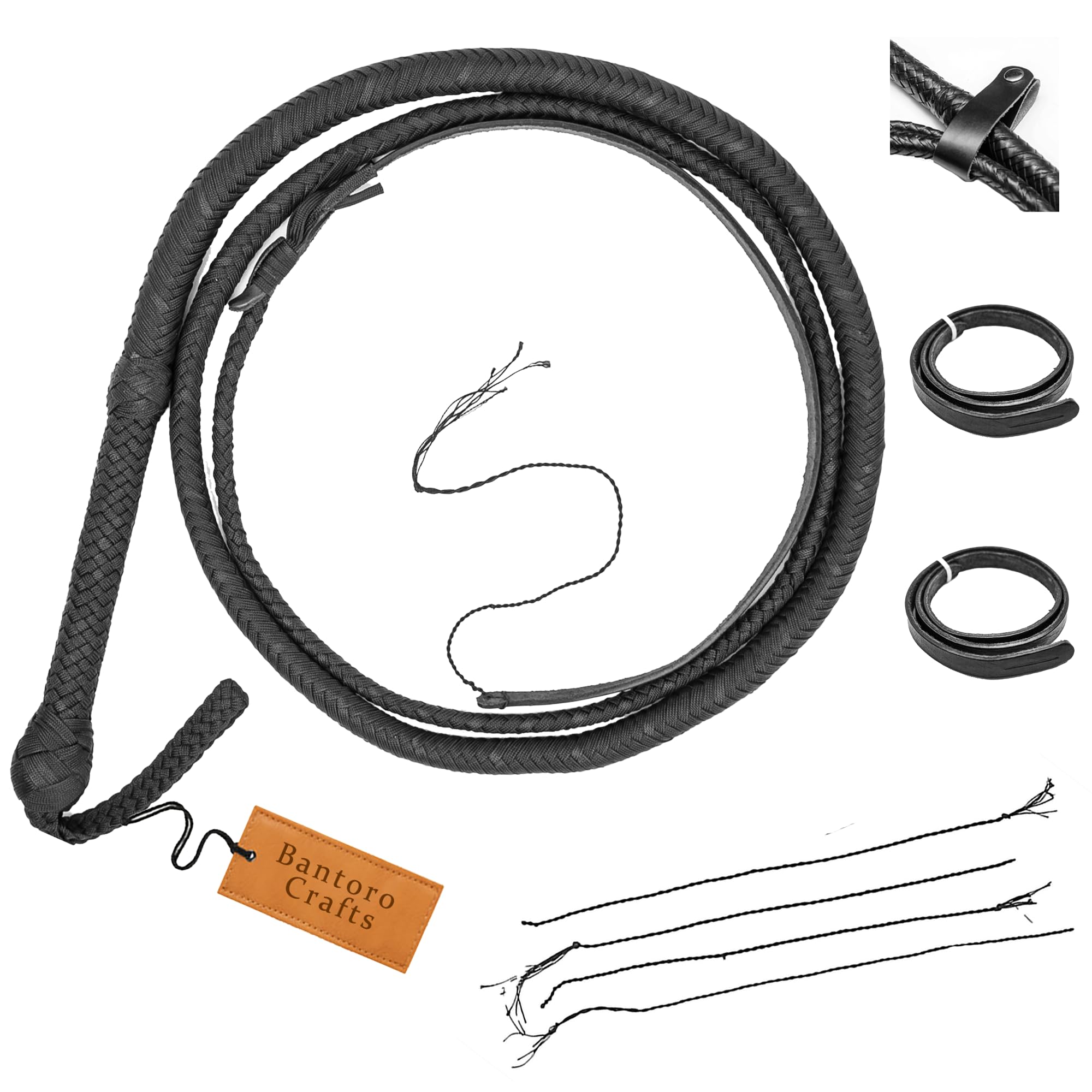 Bantoro Crafts Black Paracord/Nylon Bullwhip 16 Plaits Strands Braiding leather Belly & Leather Bolster Inside Loud Cracking Whip Equestrian (8 feet (2.4 meter))