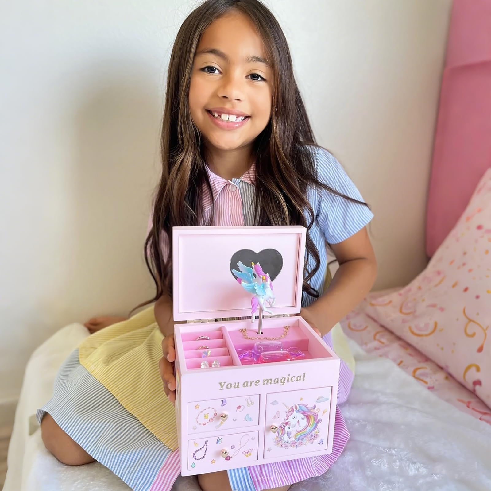 Lolalet Joyero de Madera para Niñas, Organizador de Joyería con Unicornio, Caja para Collar, Pendientes, Pulsera, Reloj, Pintalabios y Anillo - Rosa