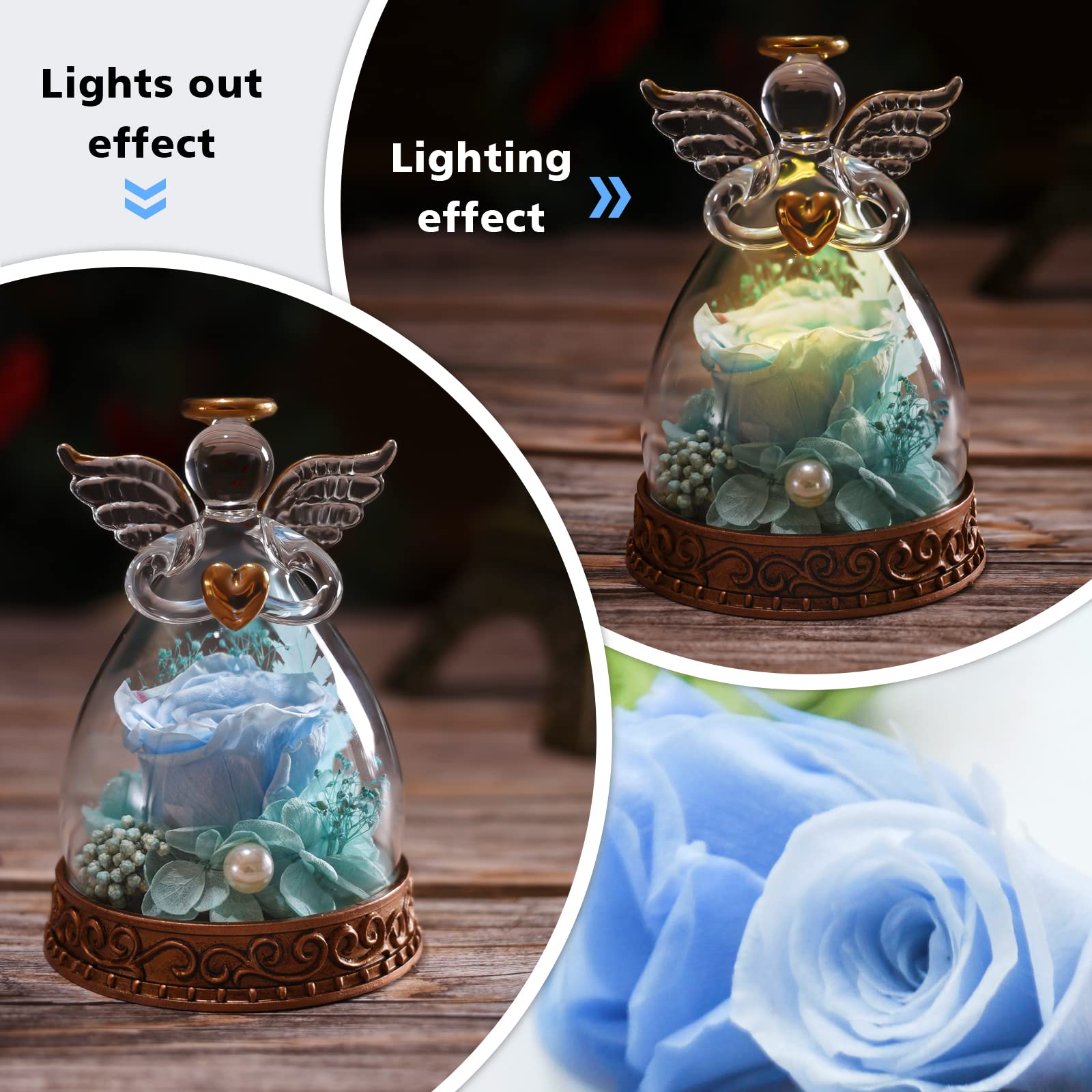Angelo regalo per donne, mamma, nonna, vera rosa conservata in vetro angelo statuetta con luce LED, 1PSC Rose regalo per festa della mamma, Natale, compleanno, San Valentino (blu)