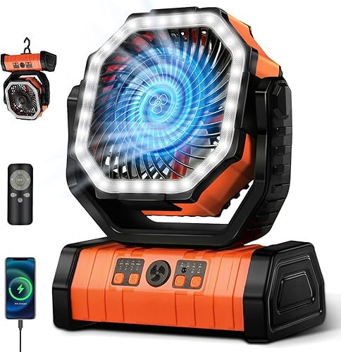 YOGIN Ventilador de batería recargable, ventilador de campamento portátil de 20000 mAh con cabezal ajustable de 360, 4 velocidades y luz LED,