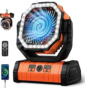 YOGIN High Speed Camping Fan - Multi-Angle Oscillation with Remote Control and Led Light - 20000mAh Rechargeable Battery Long Life - Outdoor Fan for Patio, Camping, Car Traveling