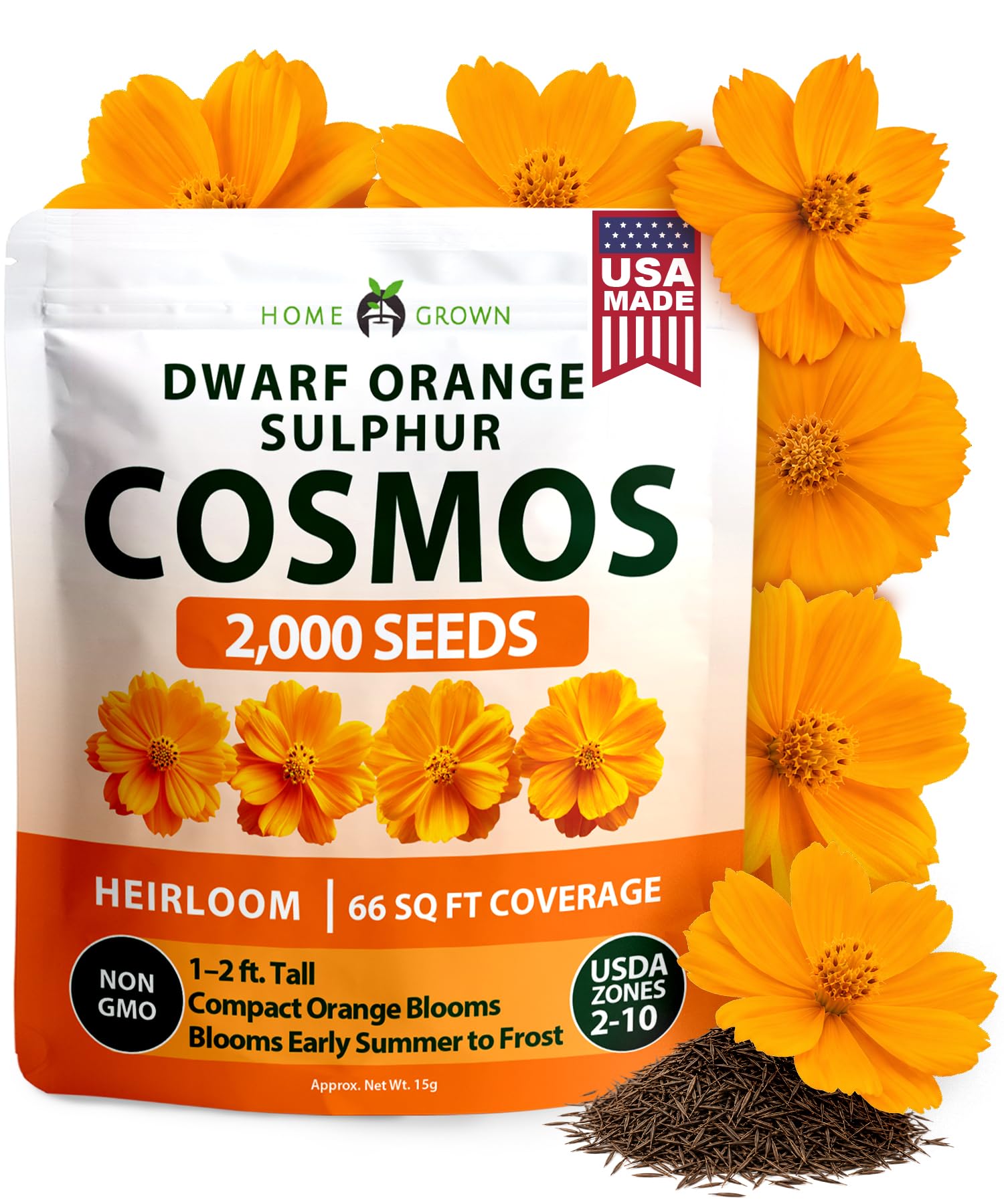 HOME GROWN Dwarf Orange Sulphur Cosmos Seeds, 2,000, Cosmos sulphureus