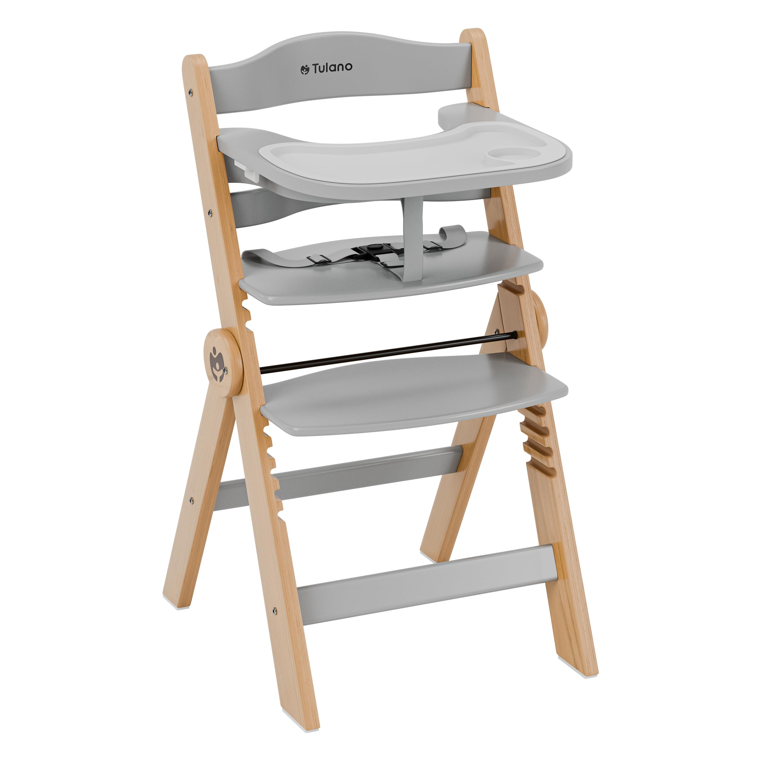 Tulano Morsel 45 Babyhochstuhl 4in1 aus Holz - Klappbar & mitwachsend | 3-Punkt-Gurt - Schutzbügel - Essbrett spülmaschinenfest - Rutschfeste Füße - 6 Monate bis 12 Jahre - Bis 40 kg - Grau