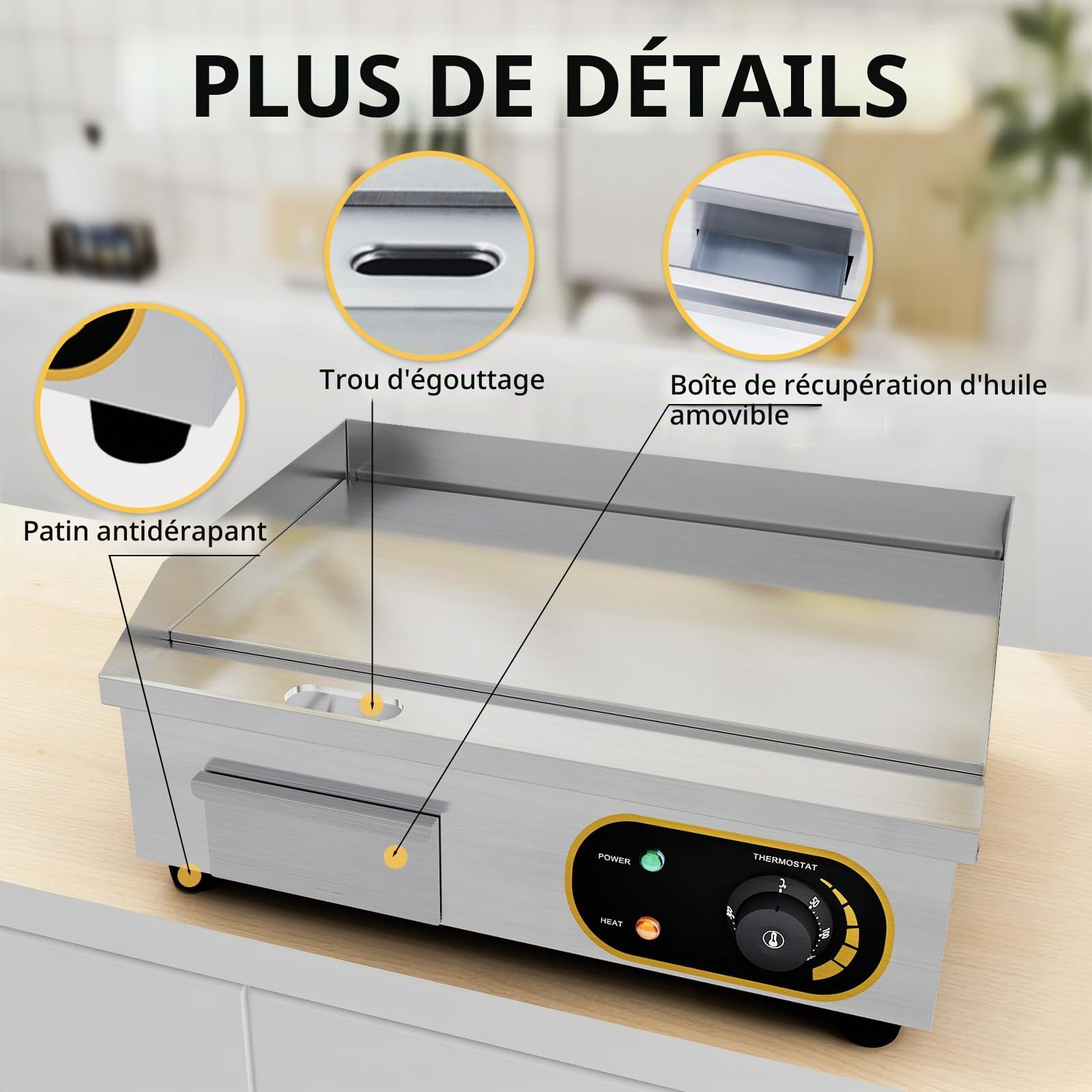 Plancha professionnelle électrique Plaque Inox lisse protection de gril 3000W, protection antiéclaboussures, 50-300 °C, et bac à graisse