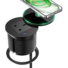 Recessed Power Socket with 15W Wireless Charger and USB C PD 30W, Round 80mm Desk Power Grommet with USB A QC 18W, 1 UK Plug Socket, 2M Cable, Desk Power Socket for Office Furniture, Black