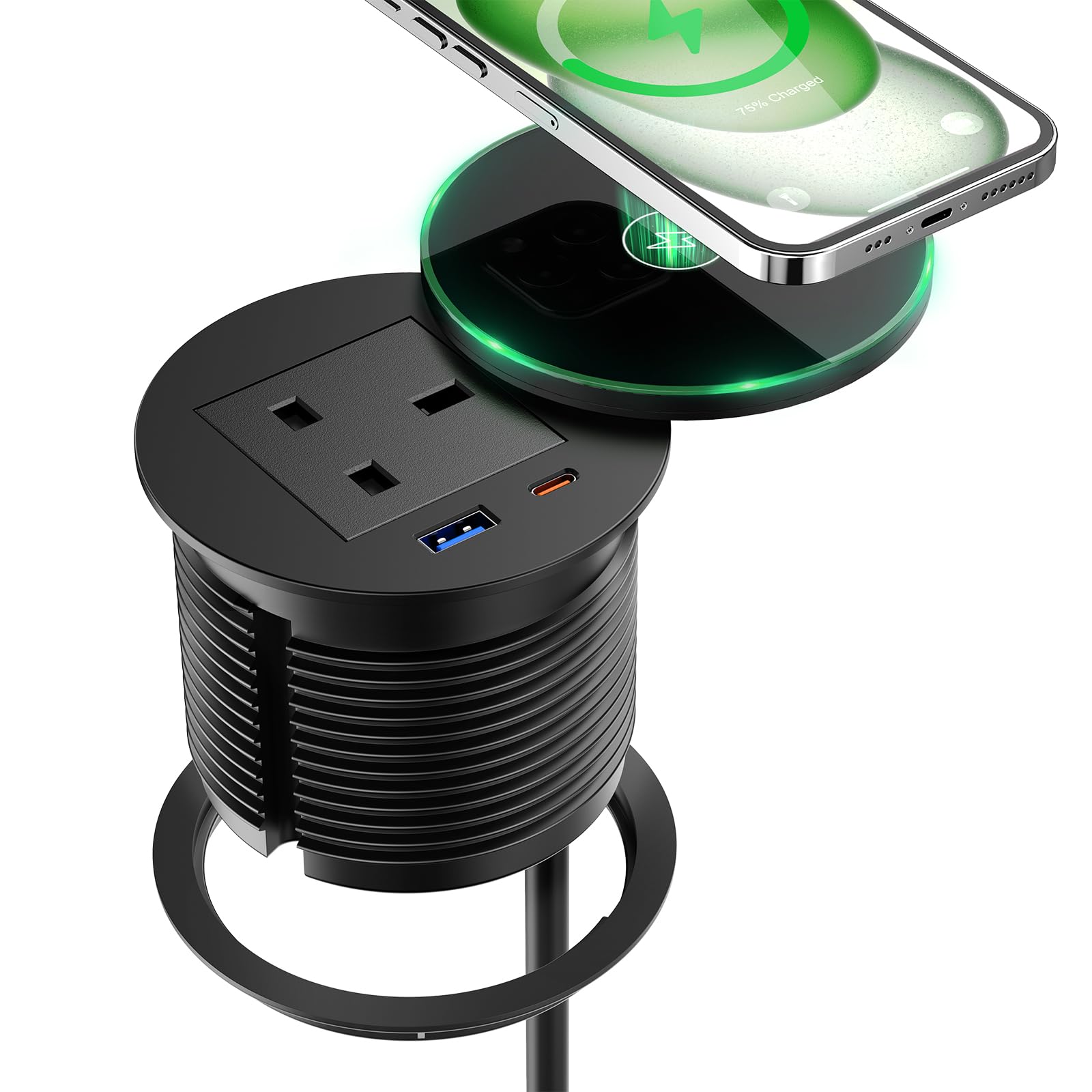 Recessed Power Socket with 15W Wireless Charger and USB C PD 30W, Round 80mm Desk Power Grommet with USB A QC 18W, 1 UK Plug Socket, 2M Cable, Desk Power Socket for Office Furniture, Black