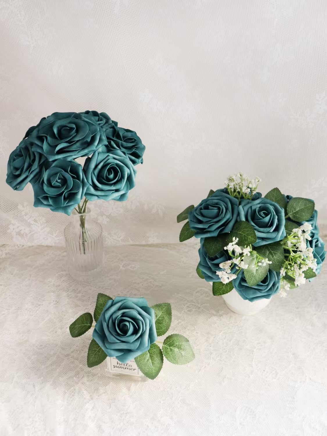 Künstliche Blumen, 50 Stück, echt aussehend, dunkelblaugrün, Rosen, künstliche Rosen mit Stiel für DIY, Hochzeit, Blumensträuße, Tafelaufsätze, Party, Babyparty, Heimdekoration