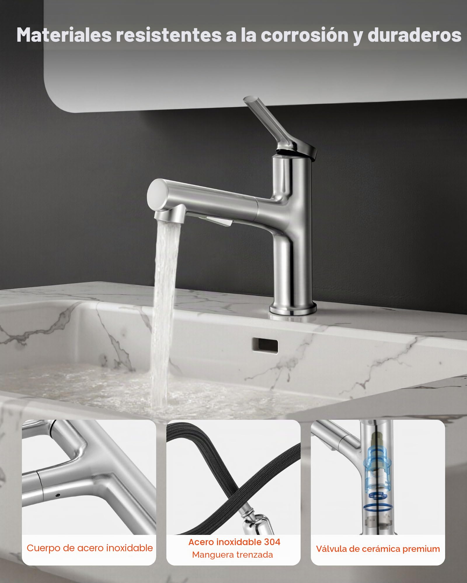 VEVOR Grifo de Lavabo en Níquel Cepillado y Acero Inoxidable, Grifo de Cocina con Rociador Extraíble, Mezclador Monomando para Baño, Caravana, Bar, Resistente a la Corrosión, 260 x 210 x 52 mm