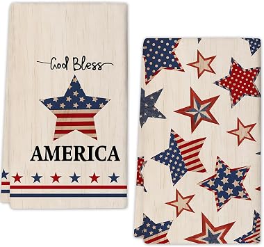 JOOCAR 4th of July American Flag Stars Kitchen Towels Set of 2, God Bless America Dish Towels 18x26 Inch Hand Towels, Farmhouse Home Seasonal Holiday Decorations