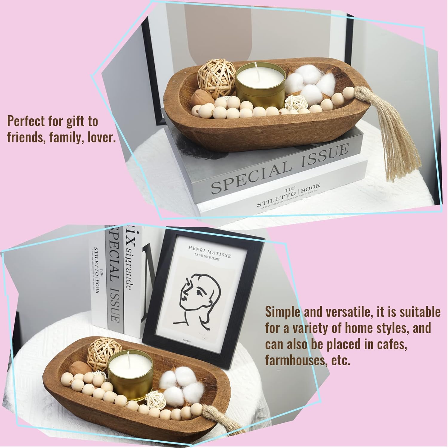 S-SNAIL-OO Decorative Bowl Vintage Wooden Dough Bowls Hand Carved, Farmhouse Country, Restaurant, Cafe Decoration, Place Bread, Fruit, Aromatherapy. (10x6x2in): Home & Kitchen