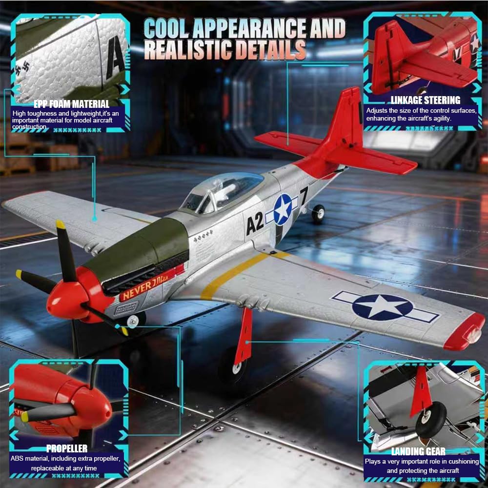 5-Kanal RC-Flugzeug 3D/6G P51D Mustang Ferngesteuerte Flugzeug für Erwachsene und Anfänger, 2,4-GHz Brushless-Motor, Starrflügel-Kunstflug Flugzeug mit Ersatzpropellern und Akku