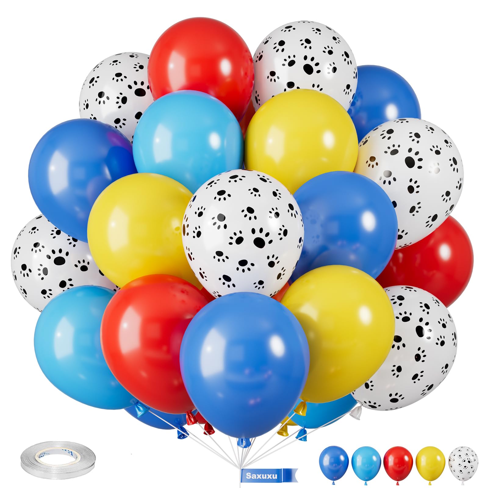 Saxuxu Paw Balloons, 12 Inch Yellow Blue and Red Balloons, Blue Yellow Red Helium Balloon Dog Paw Print Latex Balloon for Boys Girls Birthday Puppy