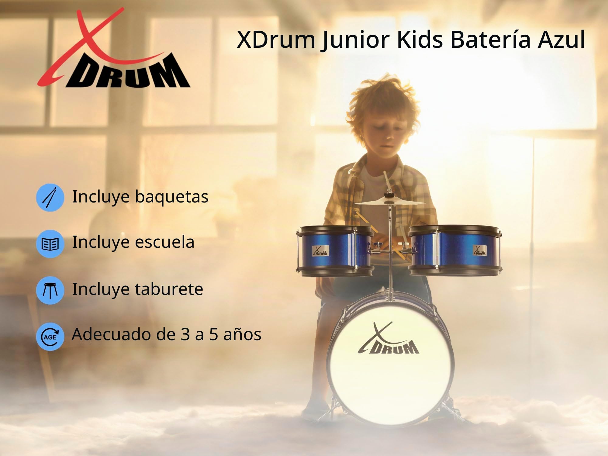 XDrum Junior KIDS Batería incl. Escuela - Batería compacta para niños de 3 a 5 años, montaje muy fácil, con escuela, taburetes, varillas y llave de ajuste, color azul