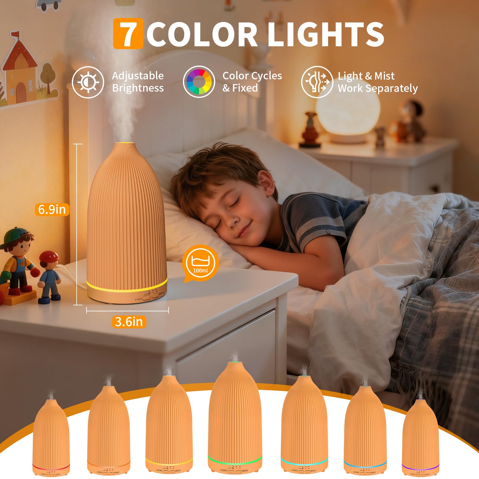 URPOWER Diffusore di oli essenziali da 100 ml ad ultrasuoni, umidificatore a nebbia fredda, con 7 luci LED, timer e spegnimento automatico, silenzioso, per aromaterapia, casa, camera da letto, ufficio