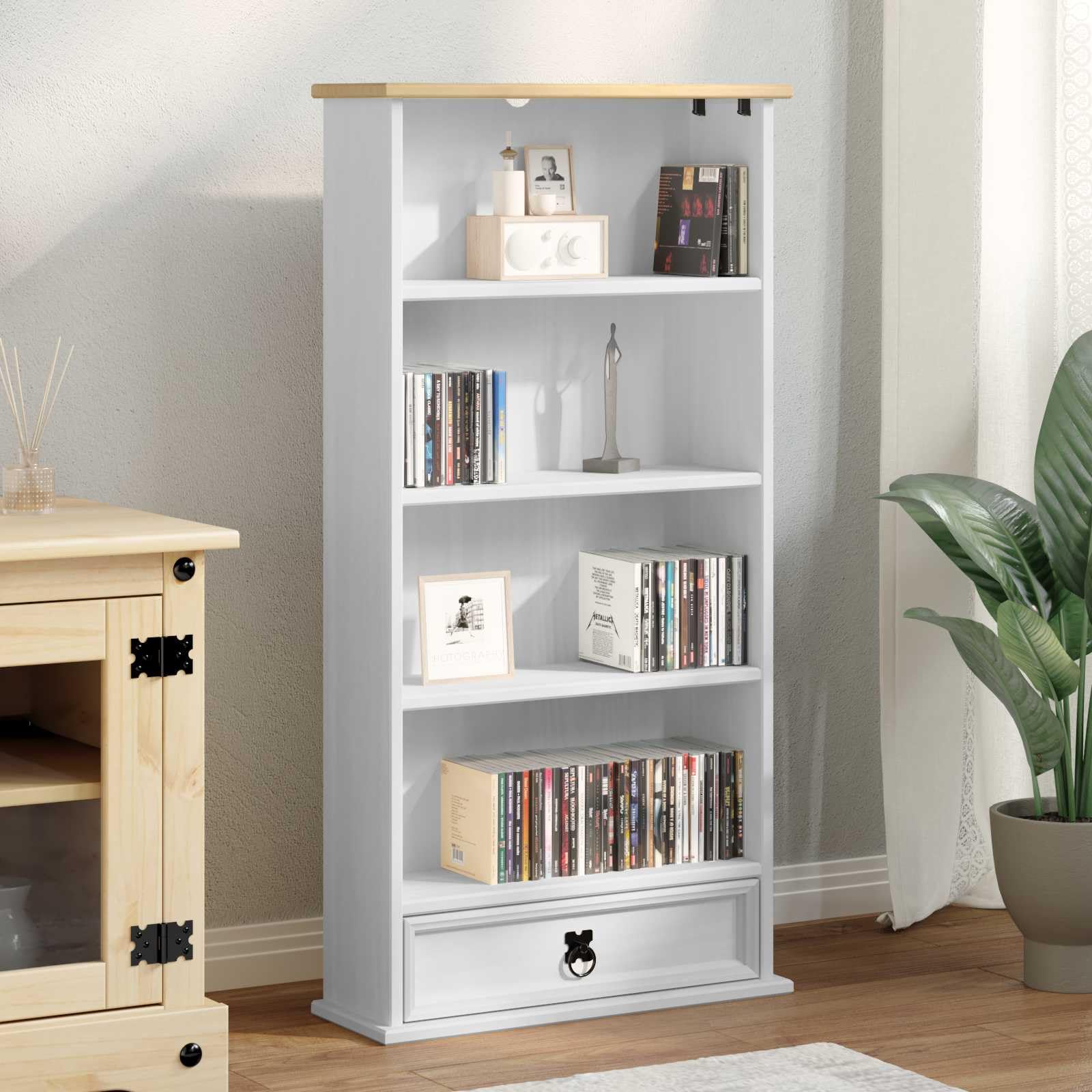 Scaffale per CD, bianco, 52 x 17,5 x 103 cm, in legno di pino massiccio, con 5 scomparti e 1 cassetto, armadietto rustico per CD per soggiorno e home office, sottile