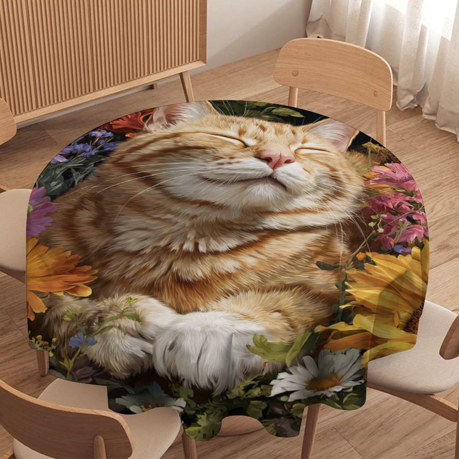 LUYYSKY Beautiful Fantasy Animal Cat Waterproof Round Tablecloth Funny Oil Painting Spring Natural Cute Kitten Plant Daisies Floral Washable Table Cover for Kitchen-127 Wx127 L cm
