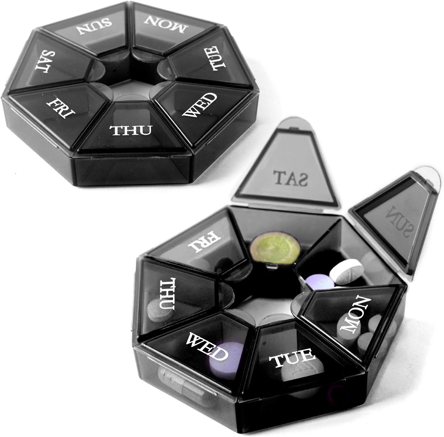7-Sided Portable Pill Box Medicine Planner Small case (Seven Day Weekly Container) Medication, Vitamin Holder Boxes Organizer Pillbox Dispenser Organizer, sorter and Reminder containers (2 Units)