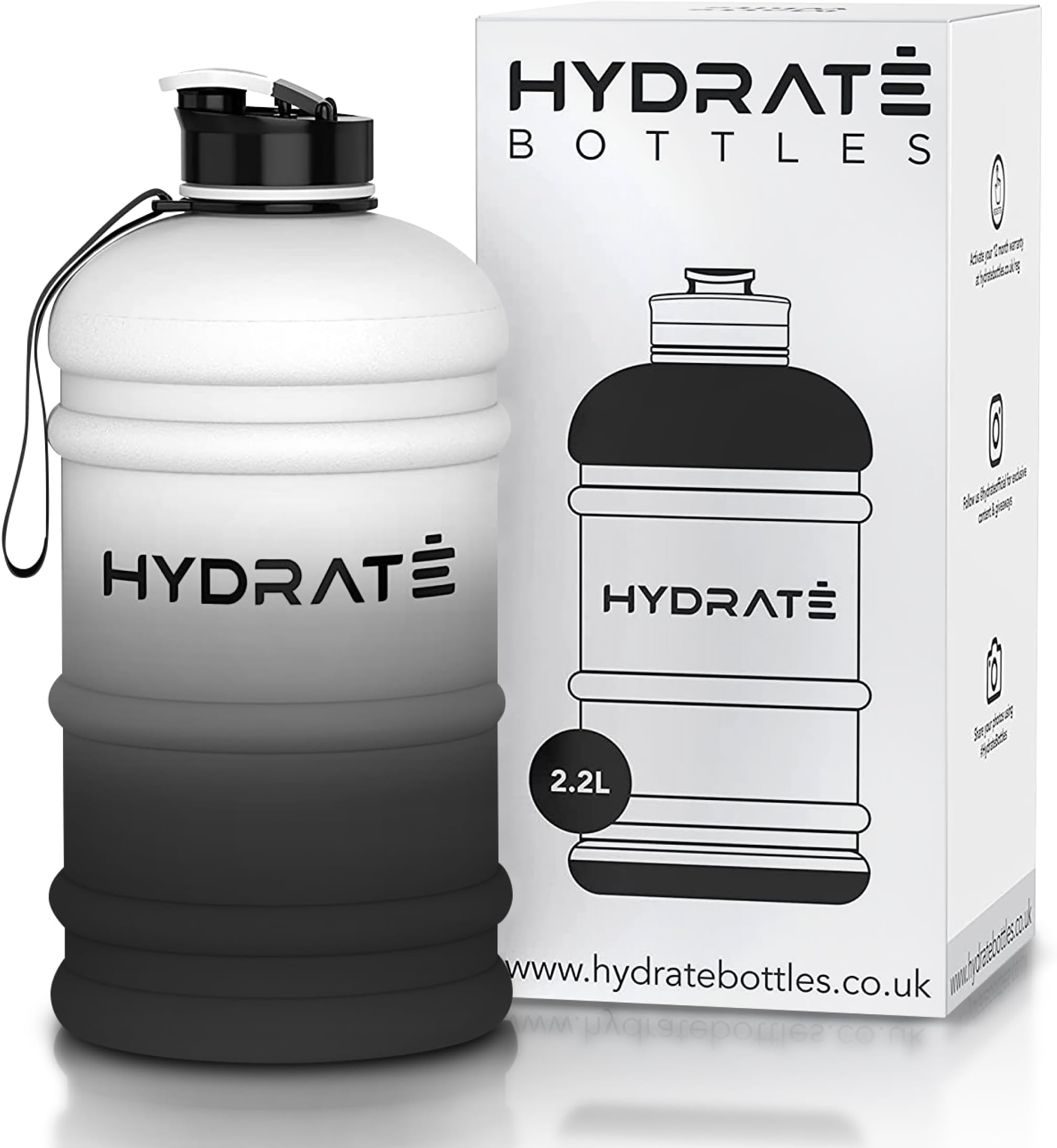 HYDRATE XL Jug 74 Oz Water Bottle - BPA Free, Leak Proof, Flip Cap, Ideal for Gym - Clear Water Container with Extra Strong Material - Perfect for Sports, Rugby, and on the Go (Mono, 2.2L)