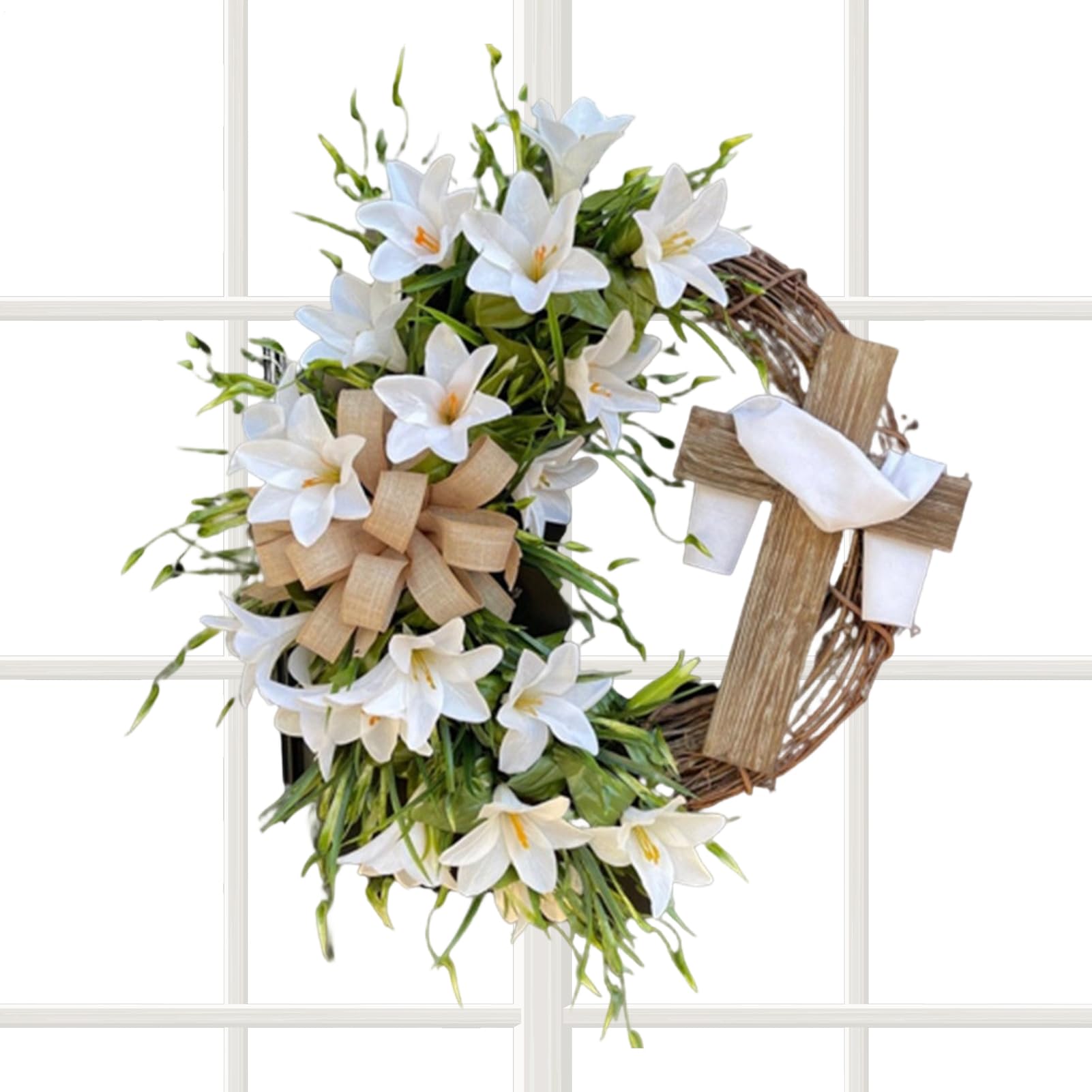 Couronne de Pâques extérieure résistante avec lys blancs durables