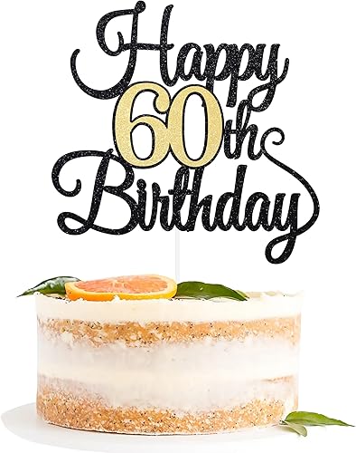 Gexolenu 1 pieza de decoración de pastel de cumpleaños 60 dorado y negro con purpurina para 60 años de cumpleaños, decoración de pastel de