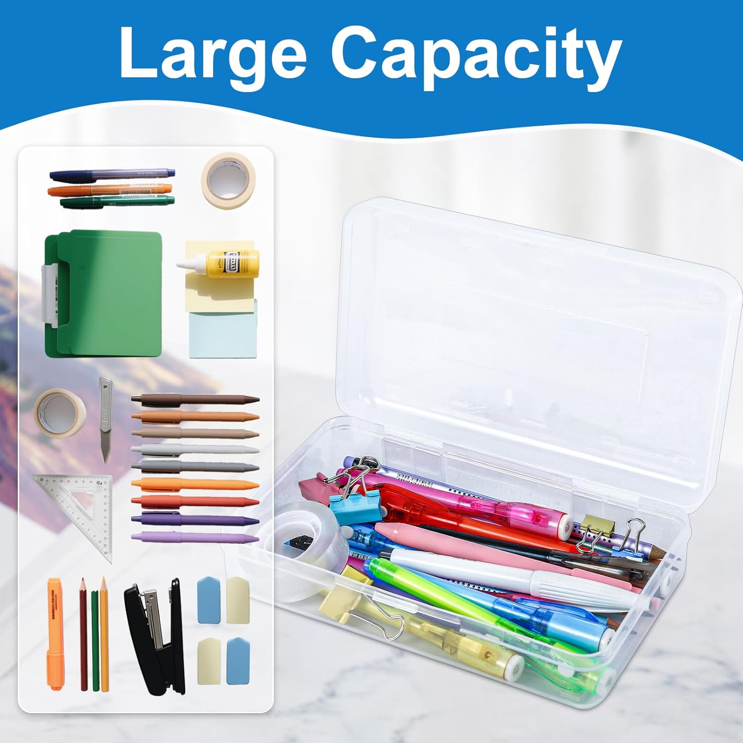 6 Pack Plastic Pencil Boxes, Large Capacity Pencil Case, Stackable Design, Clear Storage Box with Snap-tight Lid, Hard Pencil Case for Pens Office Supplies