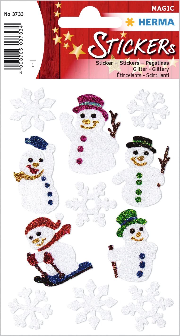 HERMA 3733 Christmas Stickers, Snowmen (11 Stickers, Foil, Glitter) Self-Adhesive Christmas Decoration, Permanent Adhesive Labels for Christmas, Gifts, Crafts, Advent Calendar, Colourful
