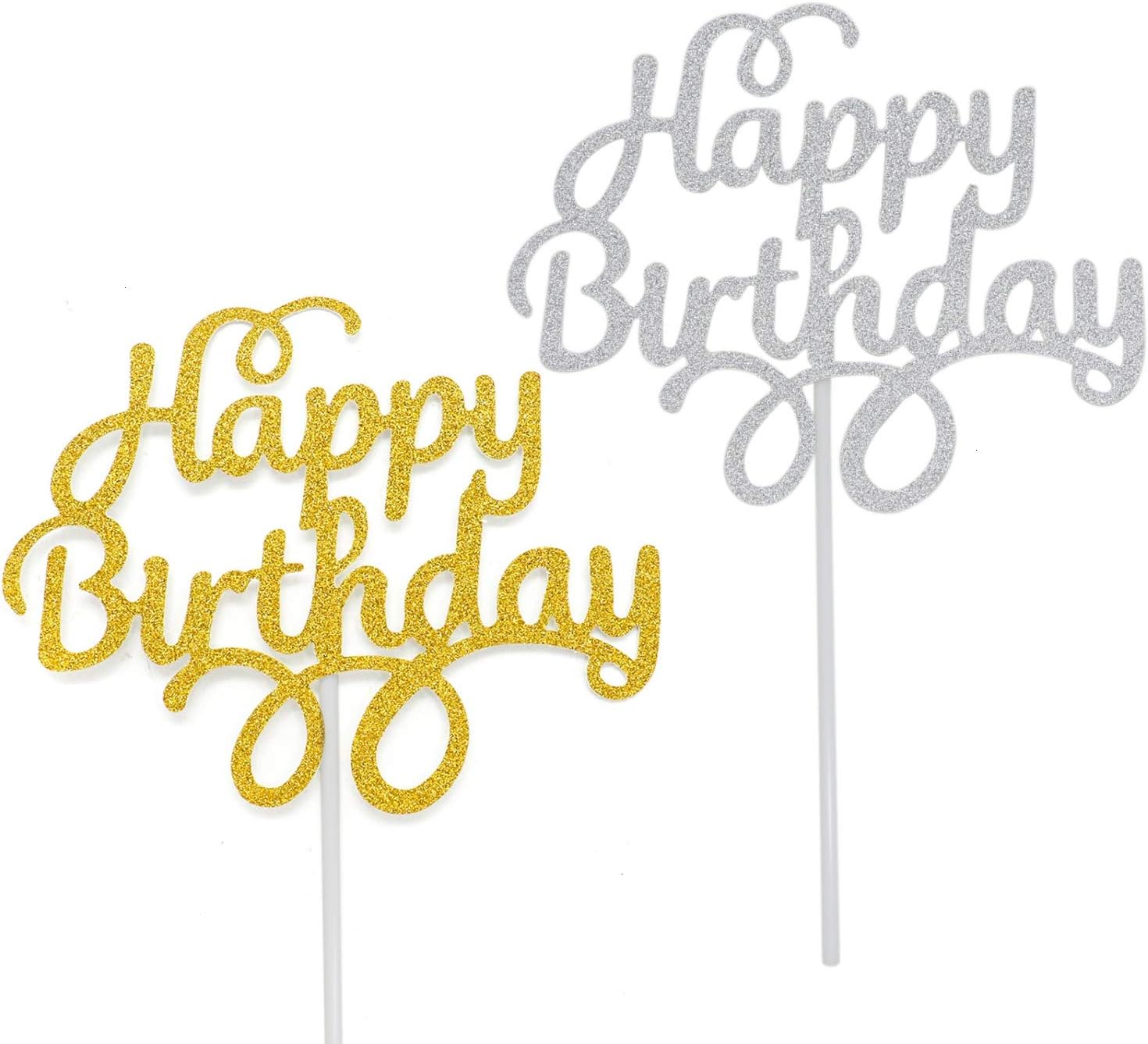 WEFOO 12 Pack Gold and Silver Happy Birthday Cake Topper Birthday Party Decorations