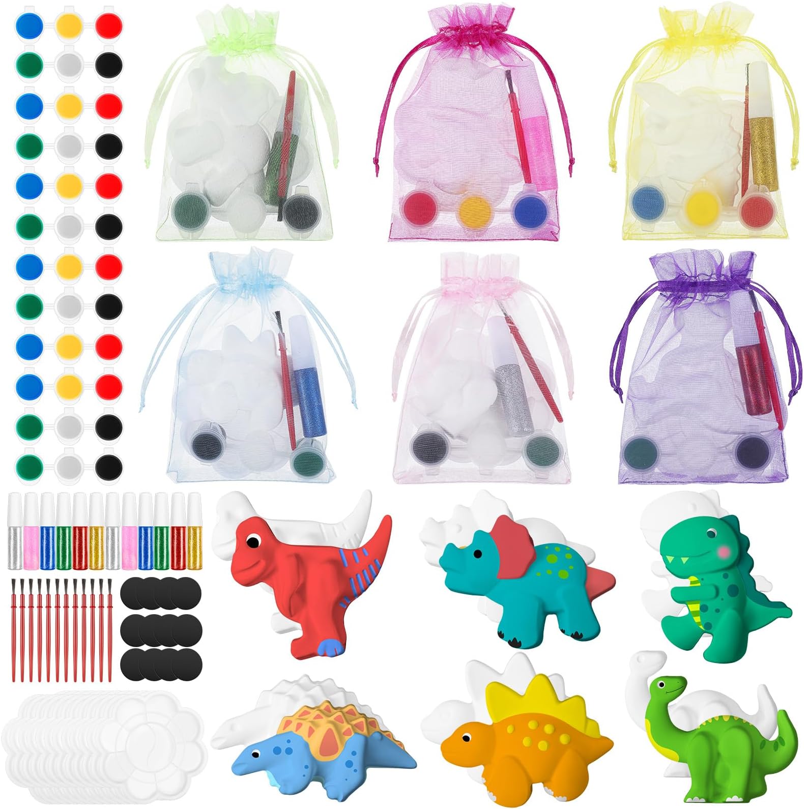 Gemscream60 Pcs Plaster Painting Kit Party Favors for Kids, Animal DIY Party Favors, Birthday Art Supplies for Boys Girls Ages 4-8 with Magnet Brushes Palette Organza Bag(Dinosaur)