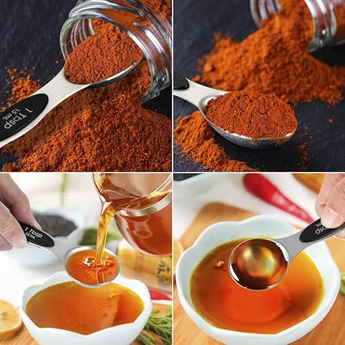 Miniatura 4 de Juego de 16 tazas medidoras y cucharas medidoras magnéticas de acero inoxidable, 8 tazas medidoras con mango de silicona y 7 cucharas magnéticas de