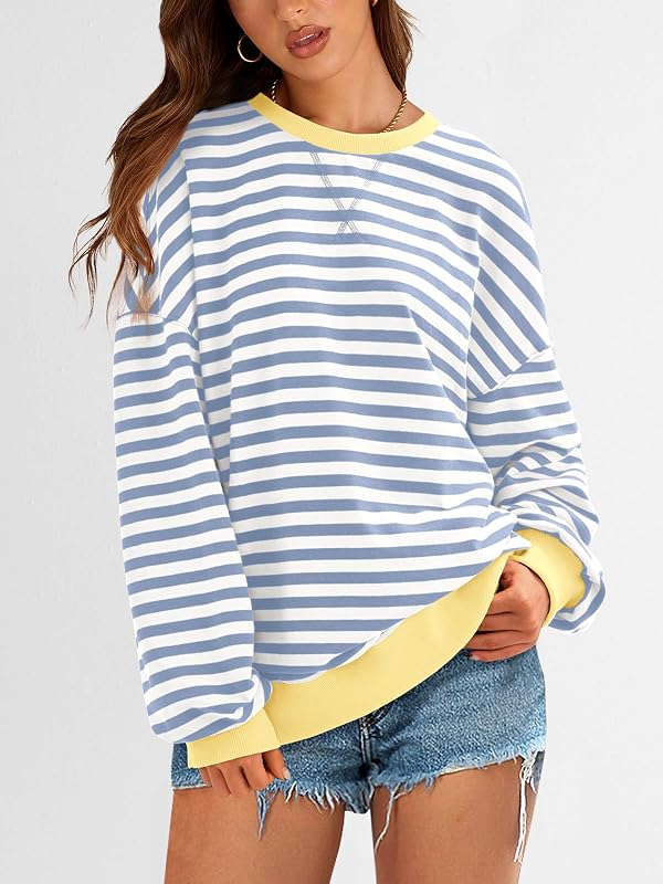 PRETTYGARDEN Womens Striped Oversized Sweatshirt Color Block Crew Neck Long Sleeve Casual Loose Pullover Top Y2K Clothes (Blue Beige, Medium) image 4
