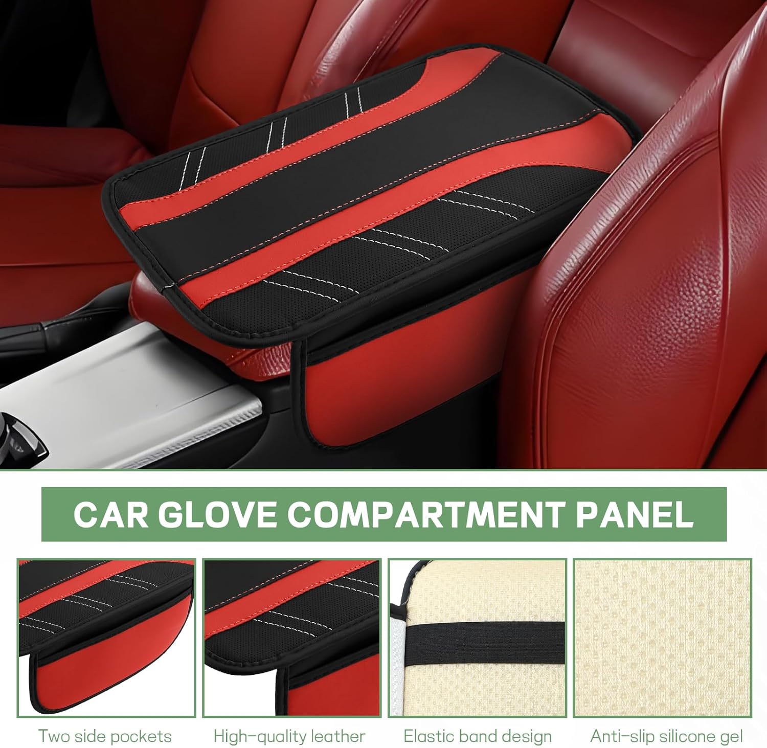 6PCS Red Car Accessories Set, Sporty Auto Interior Decoration Accessories with Leather Car Steering Wheel Cover, Center Console Cover, Seat Belt Shoulder Pads, Cup Coasters (Red)