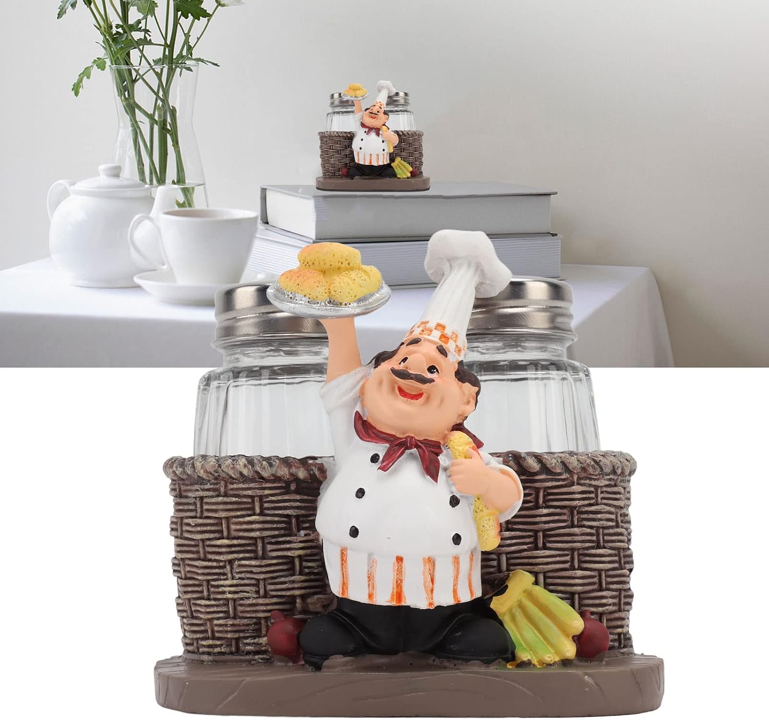BORDSTRACT Chef Stature Holder, Salt and Pepper Shaker Sets Statue Bottle Holder Decoration, Spice Storage Box for Kitchen