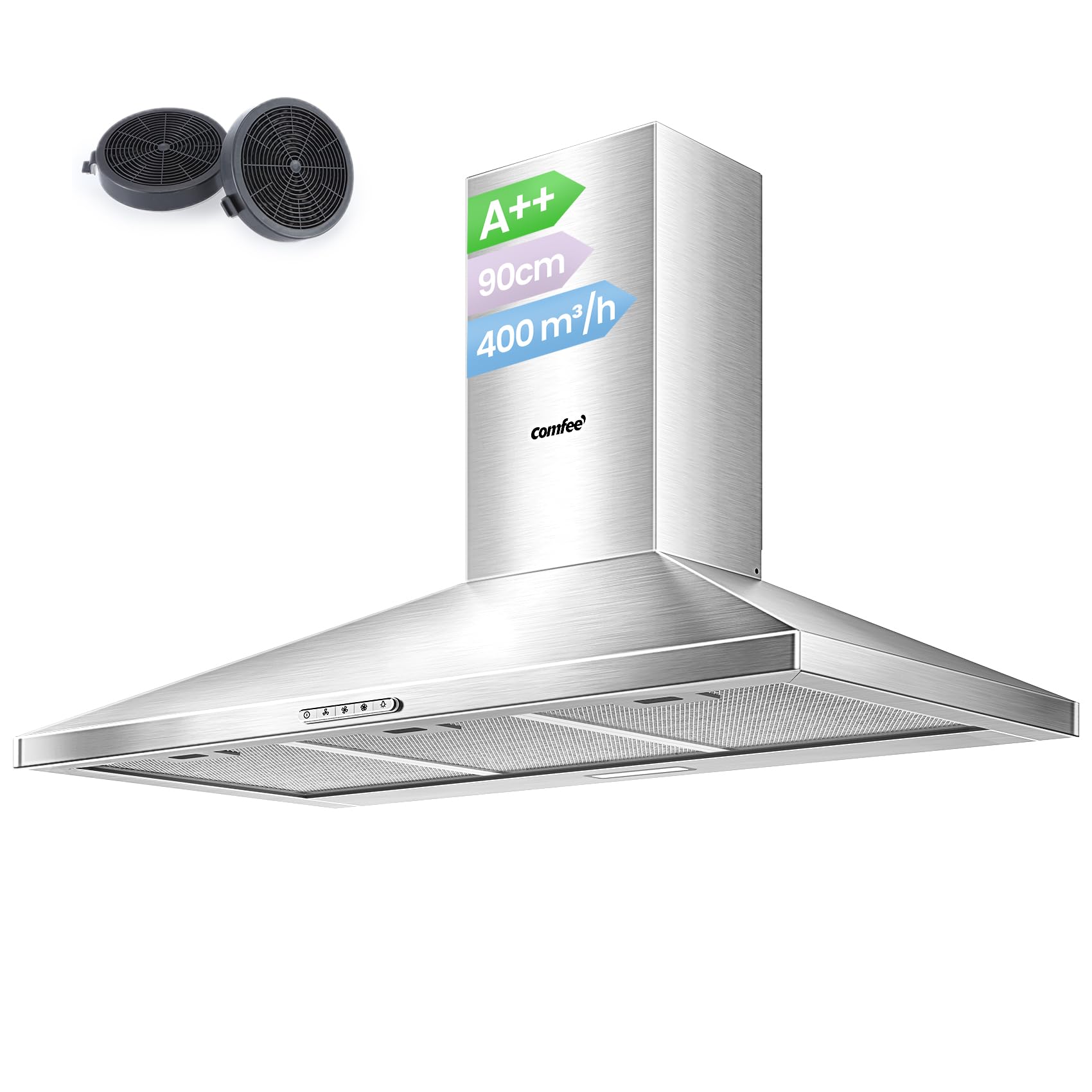 COMFEE' 90 cm Chimney Cooker Hood Class A++ Extractor Hood with LED and Recirculating & Ducting System Wall Mounted Range Hood 900 mm Extractor Fan kitchen with Carbon Filters