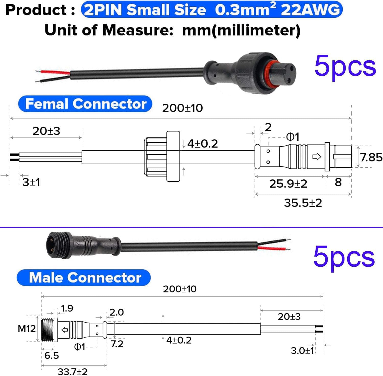 RUNCCI-YUN 5 par 2 pin wodoodporne złącza przedłużacz wtyczka męska i żeńska 2 piny IP67 wodoodporne złącze elektryczne przedłużacz 22AWG 20 cm ara taśmy LED
