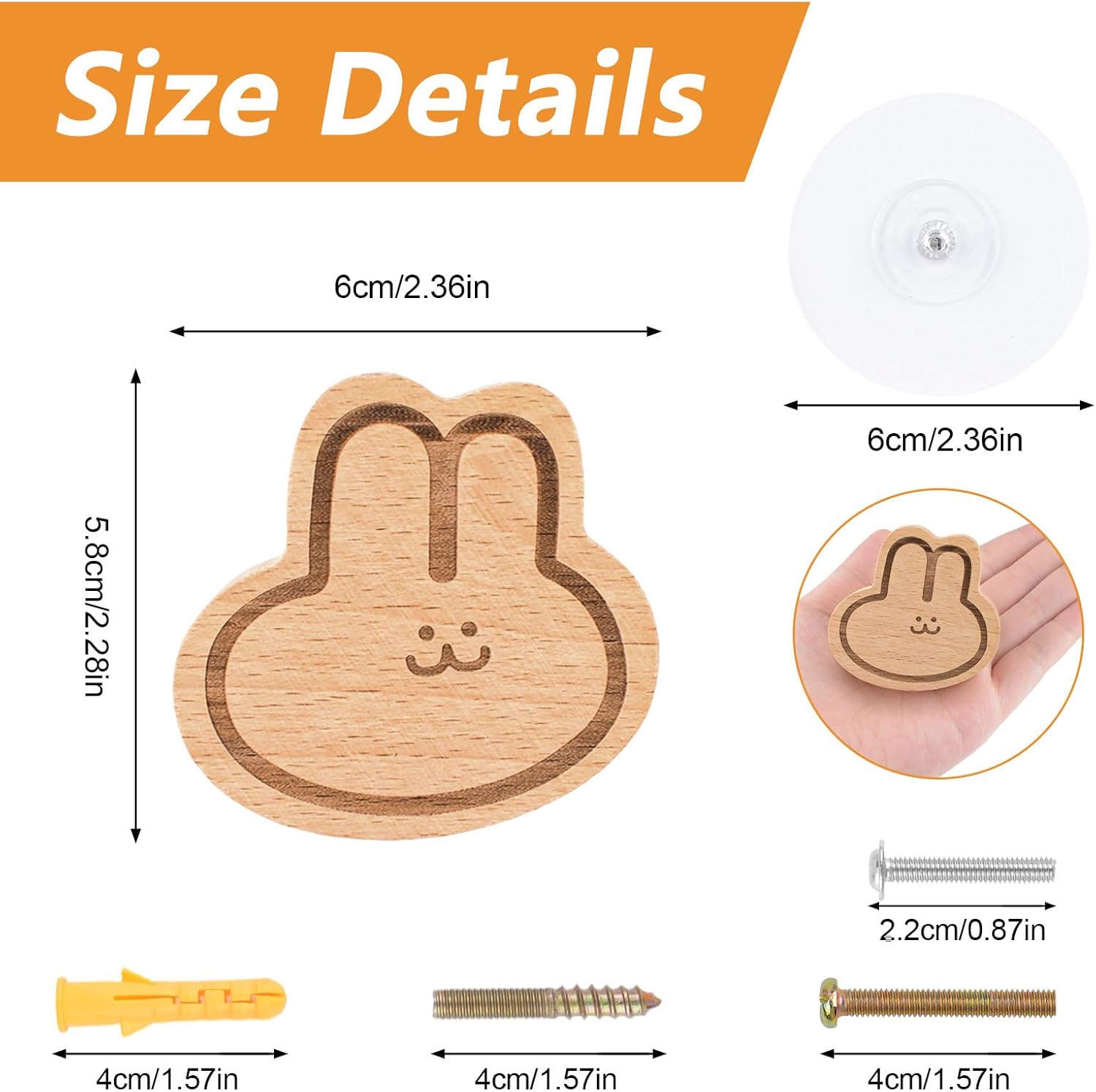 MOROBOR 6PCS Rabbit Shaped Wooden Knobs, Single Hole Beech Wood Handles Animal Cabinet Pull Knob for Chest of Drawers with Screws & Expansion Tube