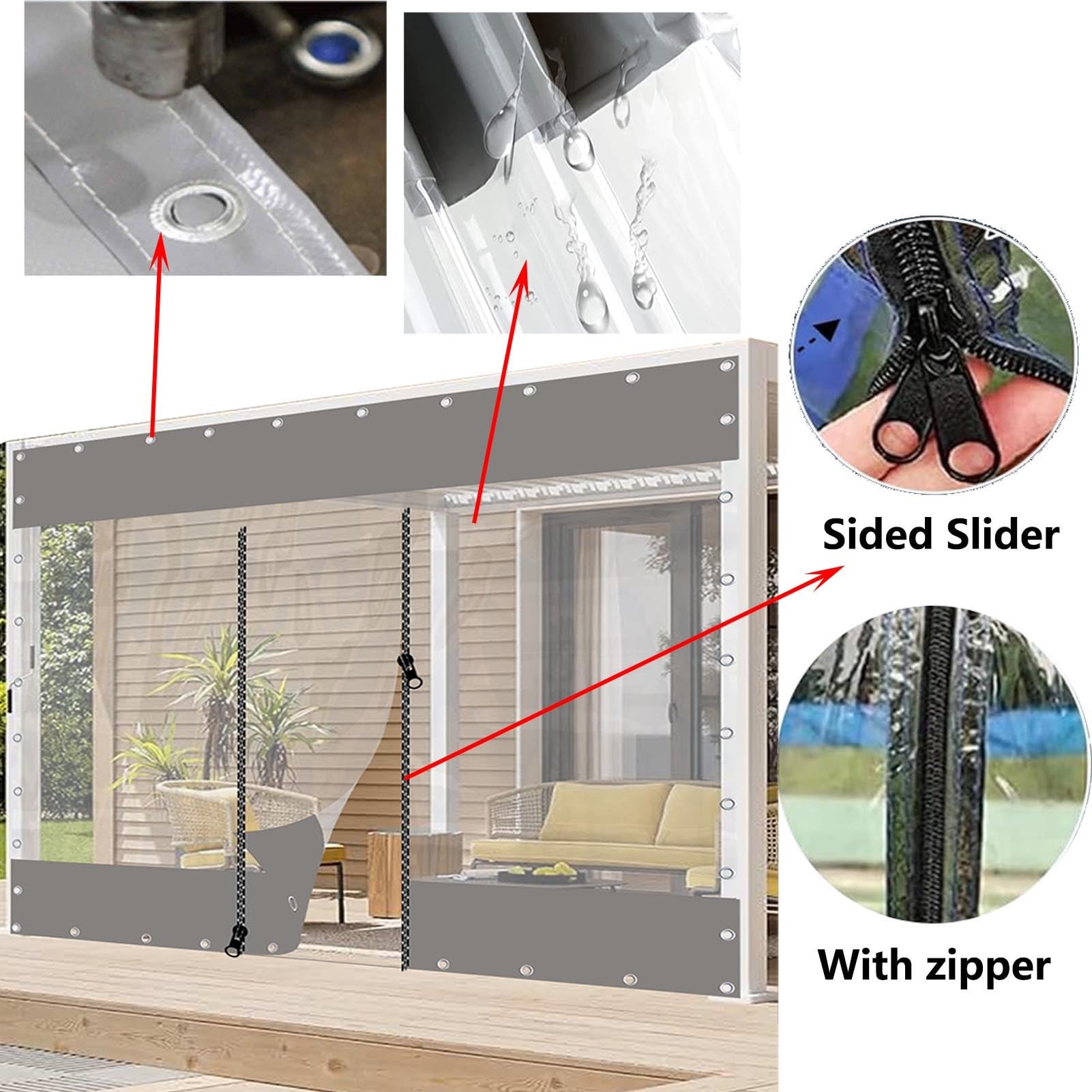 Wasserdichte graue Abdeckplane, Pavillon, Seitenteile mit Reißverschlusstür, für den Außenbereich, transparente Vorhänge für Pergola, Terrasse, 0,6 mm, PVC-Kunststoff, Größe 5 x 3,5 m