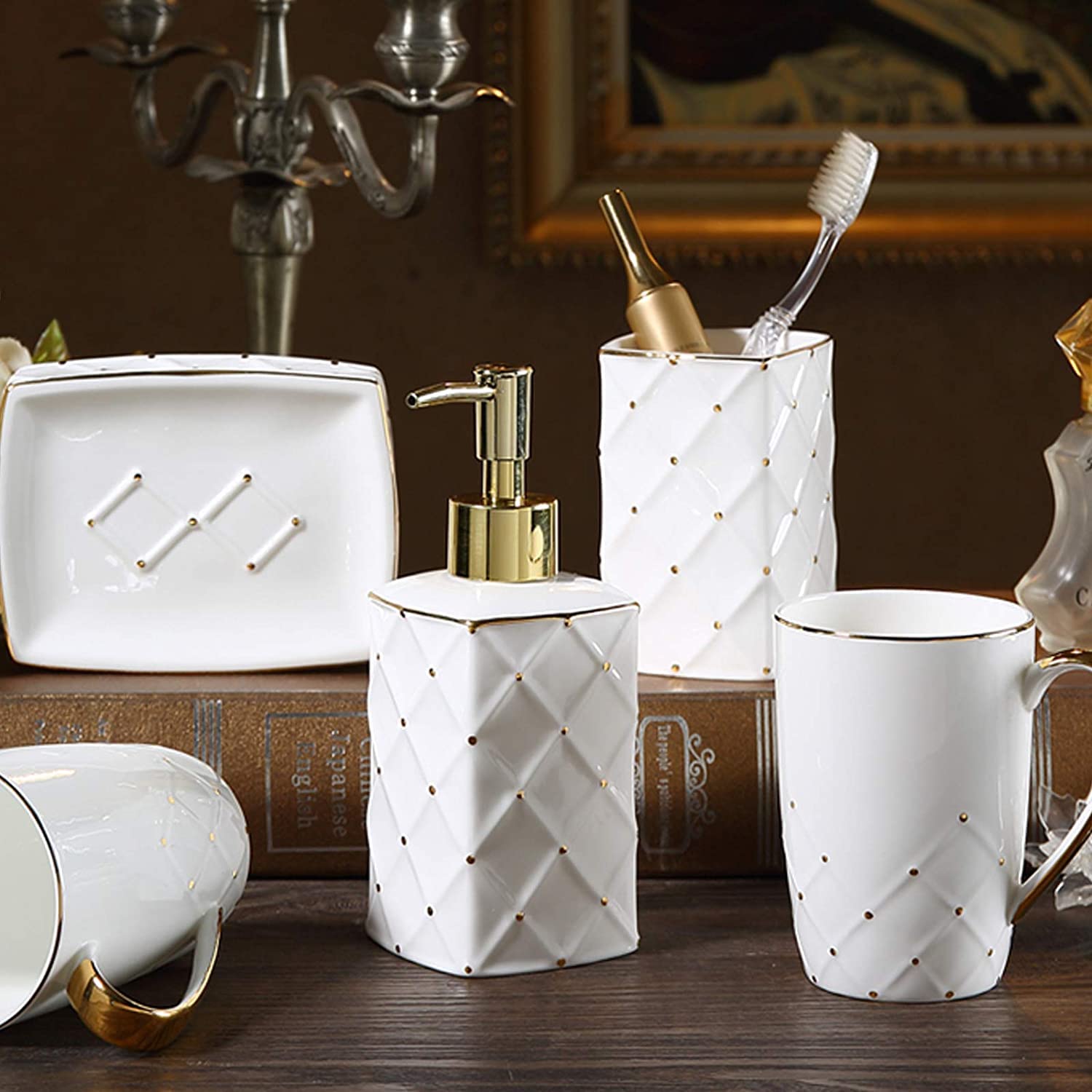 Badezimmer Set Seifenspender Set Badezimmer-Set Aus Keramik Im Barockstil, 5-teilig, Im Europäischen Stil, Kreatives Badezimmerzubehör, Badezimmerzubehör-Set Deko Badezimmer (Color : A)