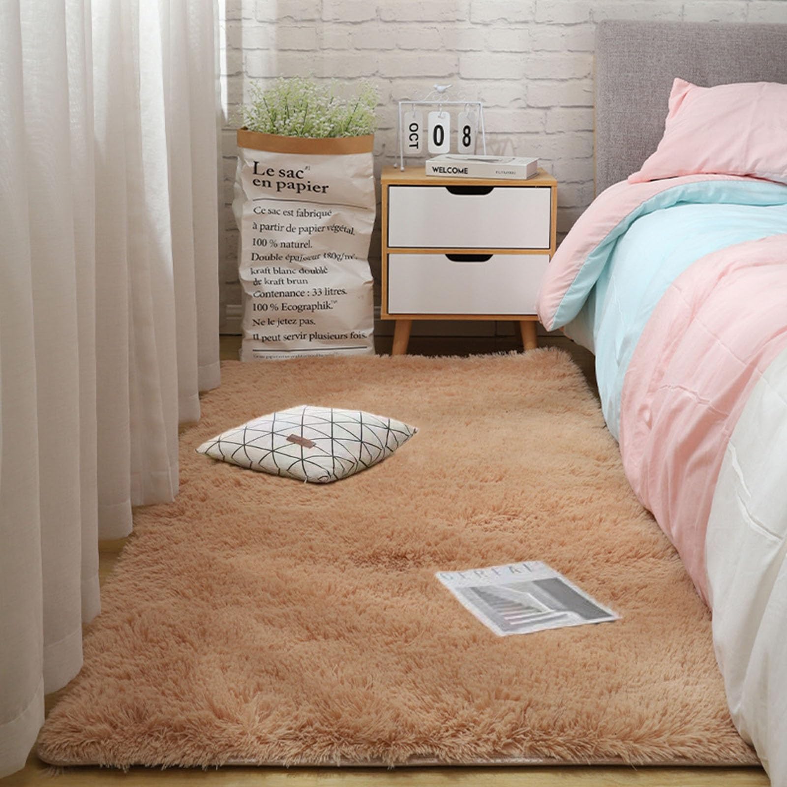 Tapis salon 140 x 310 cm chameau à poils longs avec envers antidérapant et texture pelucheuse