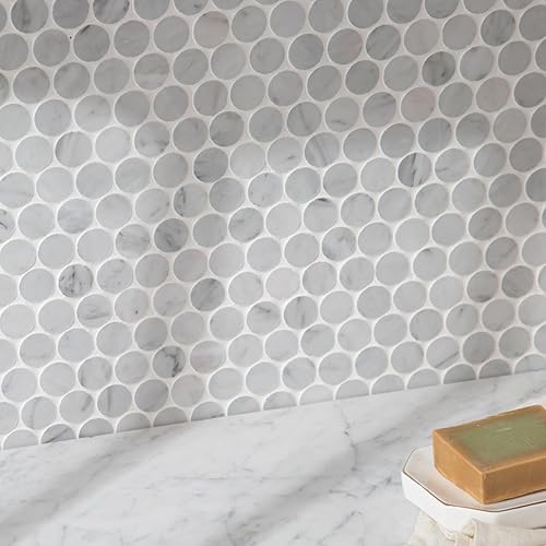 Diflart Carrara - Azulejo de mosaico de mármol blanco, 1 pulgada de centavo, redondo, pulido, azulejos de mármol natural para cocina y baño, suelo