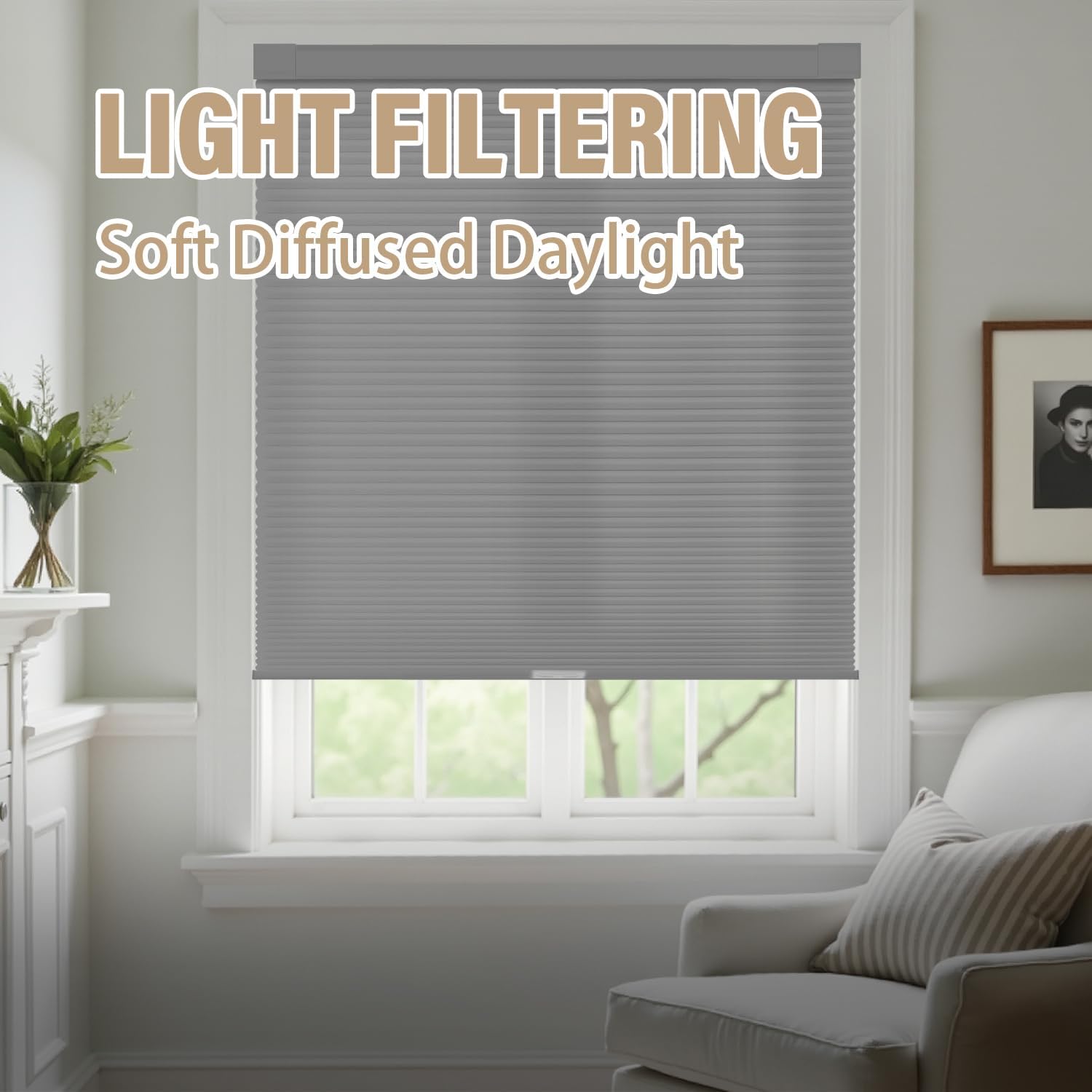 aosky no tools no drill cordless cellular shades blinds for indoor windows, light filtering thermal insulated honeycomb window blinds shades for living room bedroom, 30" w x 48" h, grey light filtering-grey 30"w x 48"h