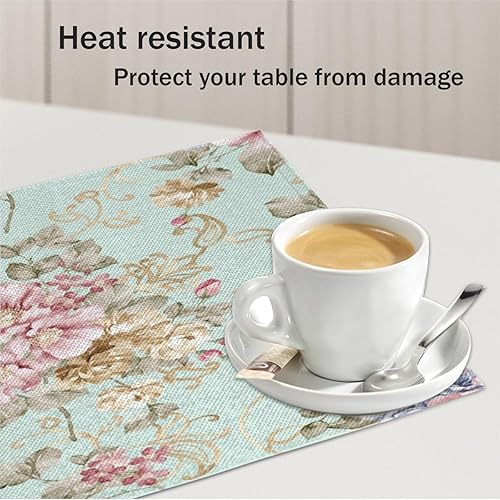 Miniatura 5 de Juego de 4 manteles individuales con diseño de patrón floral, lavables, impermeables, para fiestas, hogar, comedor, decoración de mesa de 18 x 12