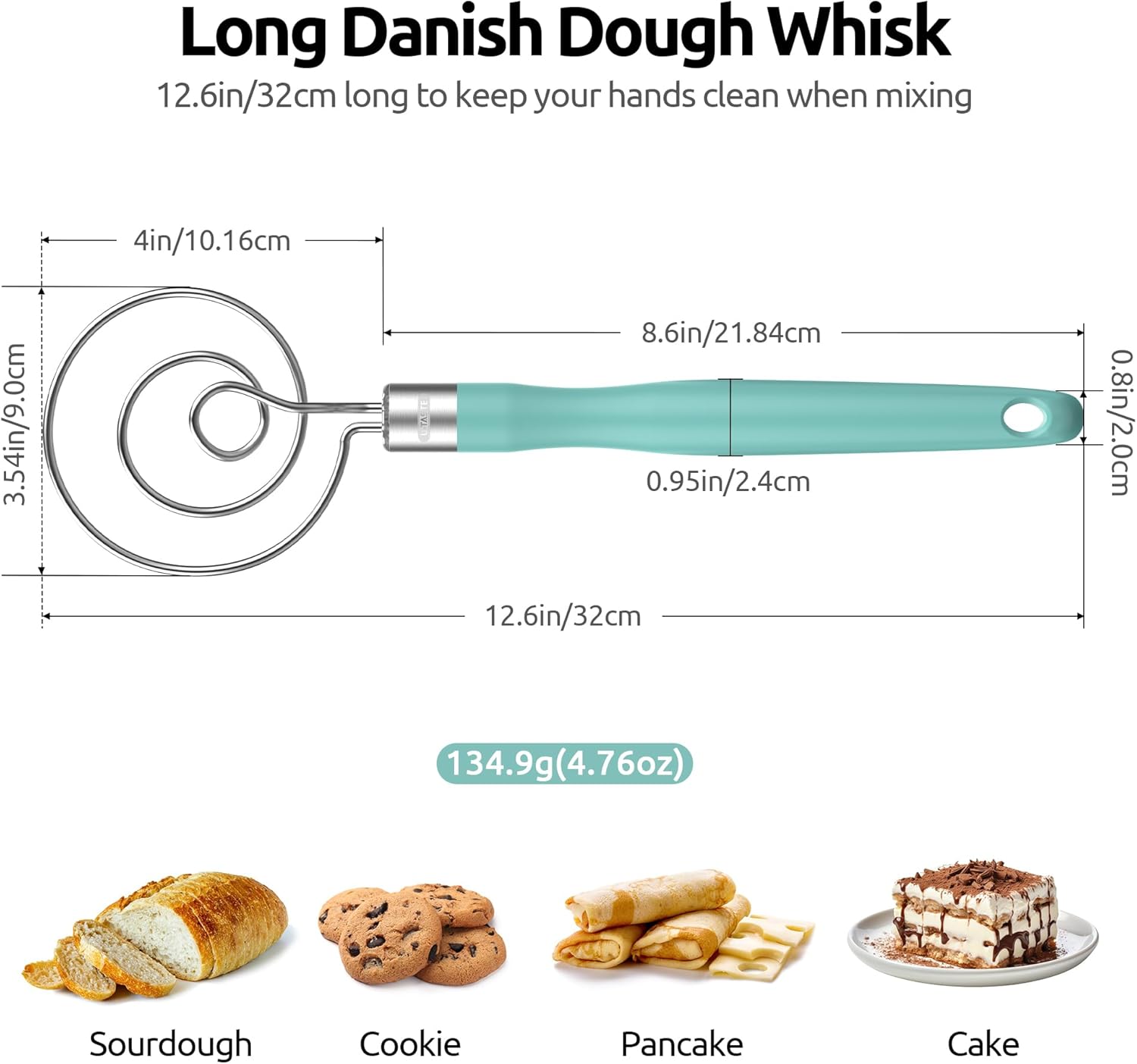 U-Taste 12.6in Danish Dough Whisk: 18/8 Stainless Steel Heavy-Duty Sourdough Mixer Tool, Food Grade Dutch Style Seamless Bread Wisk, Sturdy for Mixing, Stirring, Kneading Thick Batter (Aqua Sky) - Image 2