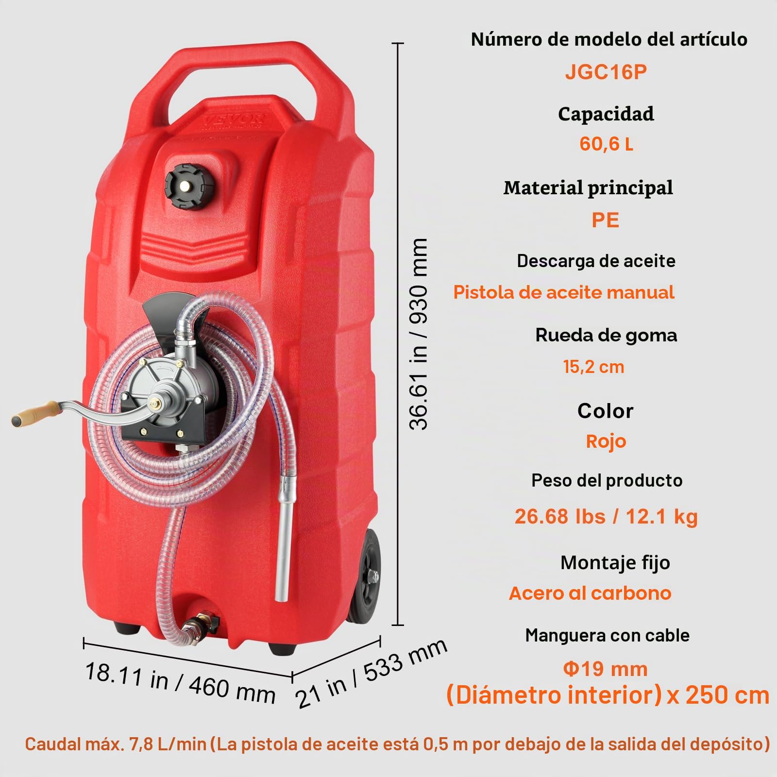 VEVOR Tanque de Combustible Portátil con Ruedas 16 Gal 60L Bidón de Gasolina 7,8L/min con Bomba Manual, Transferencia de Combustible para Gasolina, Diesel, Aceite, Máquina, Cortacésped, Coche, Tractor