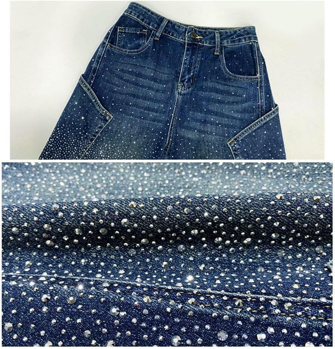 heipeiwa Women's Rhinestone Barrel Jeans Wide Leg Baggy Denim Pants Sparkle Shiny Glitter Boyfriend Jean Outfit