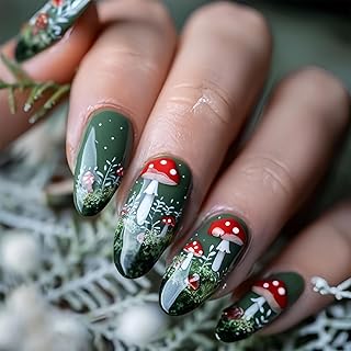 24 Stück Handgemachte Press-on-Nägel Weihnachtsnägel zum Aufkleben mit Pilz Design, Mittelgroße Mandelförmige Kunstnägel mit Jelly Gel, Nägel zum Aufkleben