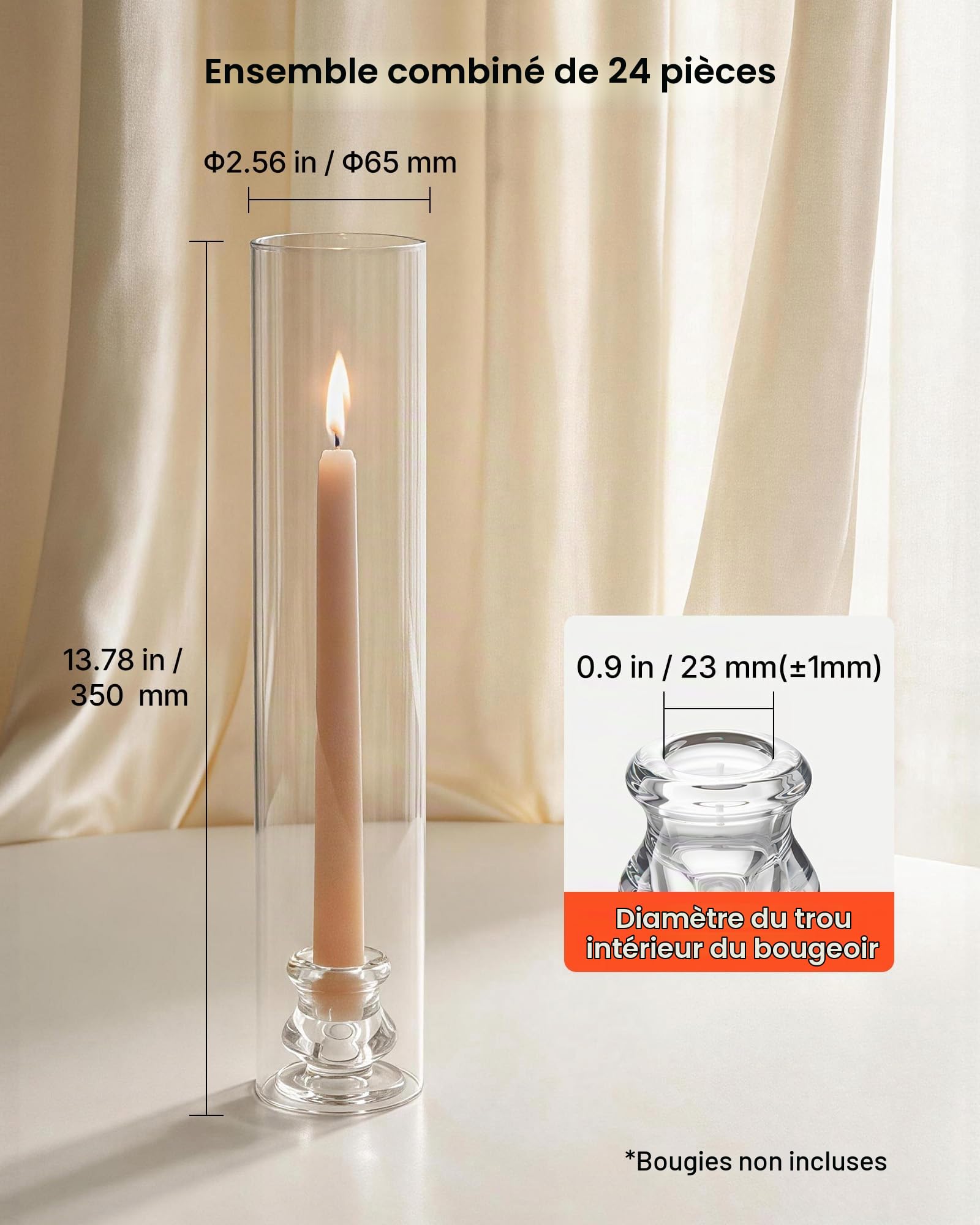VEVOR Bougeoirs Ouragan Lot de 24, Bougeoirs Cylindriques en Verre Transparent 65x350 mm pour Mariage, Fête, Centre de Table et Décoration Intérieure, Verre Borosilicate Haute Résistance, Coupe-Vent