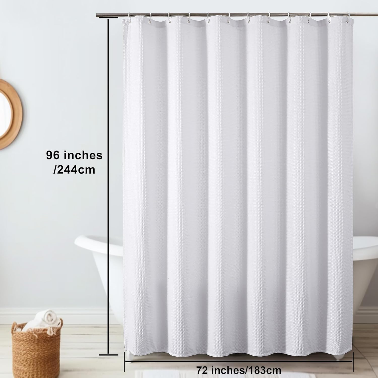 OVZME Extra Long White Shower Curtain Set- 96 Inch Long Waffle Weave Heavy Duty Fabric Shower Curtains for Bathroom, Luxury Heavy Duty Thick Cloth Shower Curtain with 12 Plastic Hooks, 72x96, White