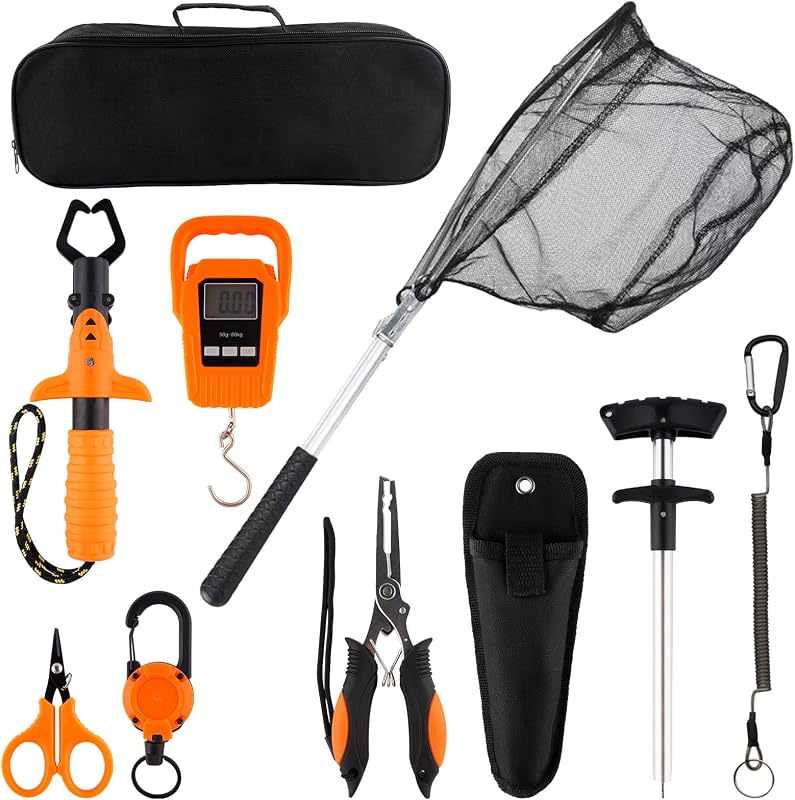 10 Pcs Fishing Tool Kit,Folding Fishing Net Set with Storang Bag,Pliers with Lanyard and Protective Sheaths,Hook Remover,Fish Gripper,Fish Scale,Scissors for Fisherman Travel Gifts